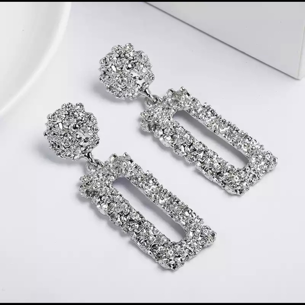 Silver Textured Statement Drop Earrings